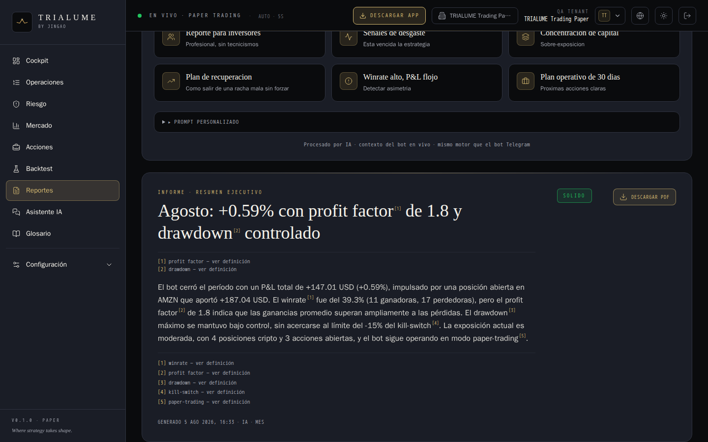TRIALUME AI report response with highlights, risk and tactical recommendations