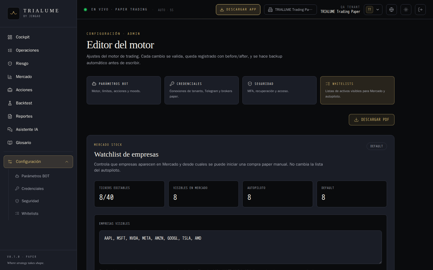 TRIALUME whitelists for companies visible in market and autopilot